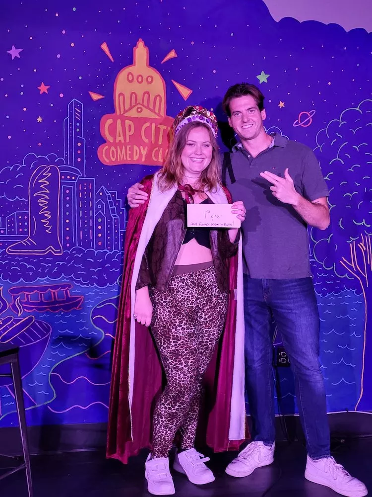 Liz Splatt after winning the 2024 Funniest Person in Austin contest